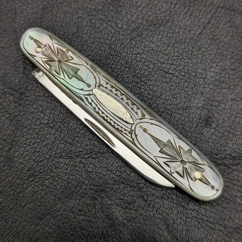 1921 年英國古董白珍珠貝殼雕刻手柄純銀刀片折疊筆刀