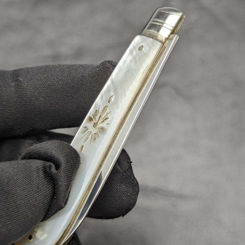 1902年 英国アンティーク 白蝶貝彫刻ハンドル 純銀ブレード 折りたたみペンナイフ