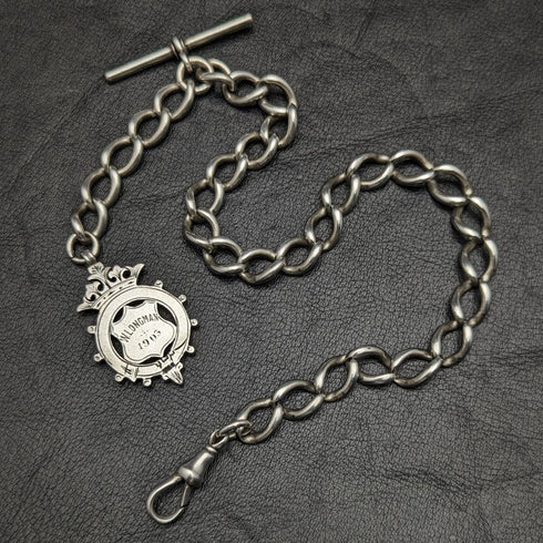 Around 1900 British Antique Sterling Silver Albert Chain 52g Sterling Silver Medal Fob