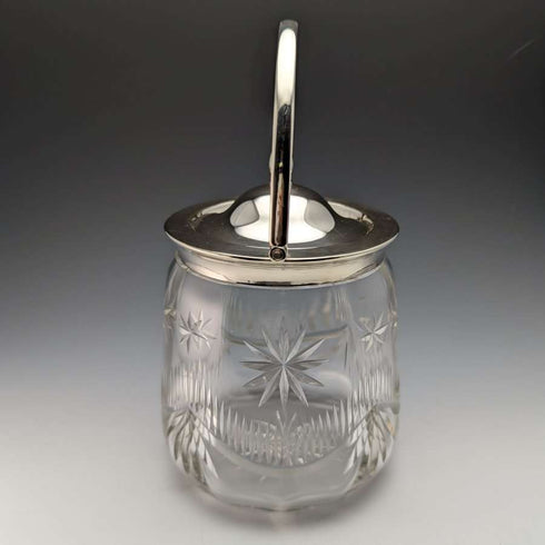 Barril para galletas vintage inglés de cristal tallado, circa 1930, con tapa de plata chapada, 1048 g
