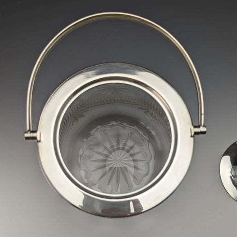 Barril para galletas vintage inglés de cristal tallado, circa 1930, con tapa de plata chapada, 1048 g