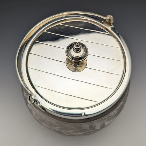 英国ヴィンテージ カットガラス ビスケットバレル シルバープレート蓋 803g