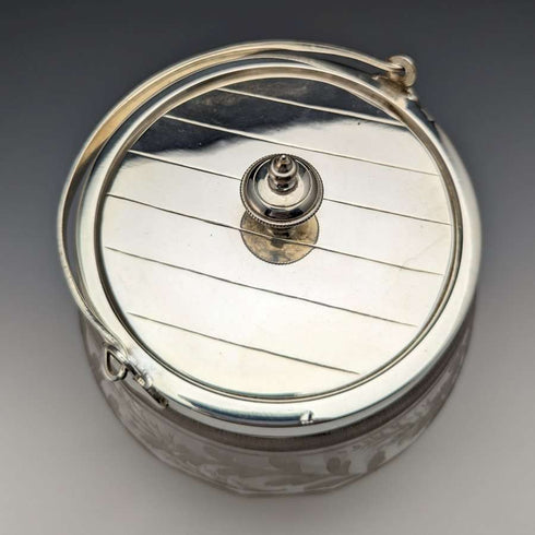 British vintage cut glass biscuit barrel silver plate lid 803g