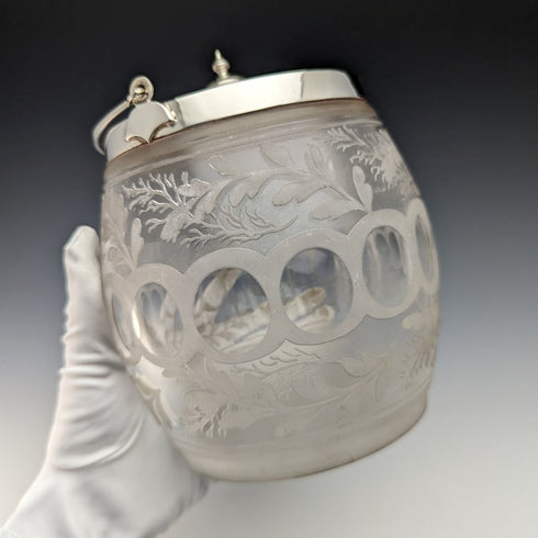 英国ヴィンテージ カットガラス ビスケットバレル シルバープレート蓋 803g