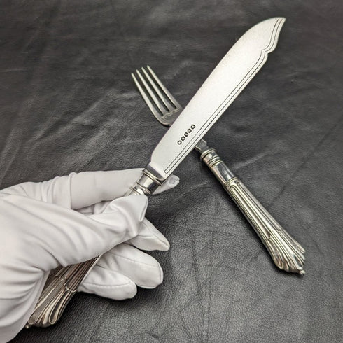 英国アンティーク シルバープレート製 カトラリーセット6x2 アルバニーパターン トレー入り