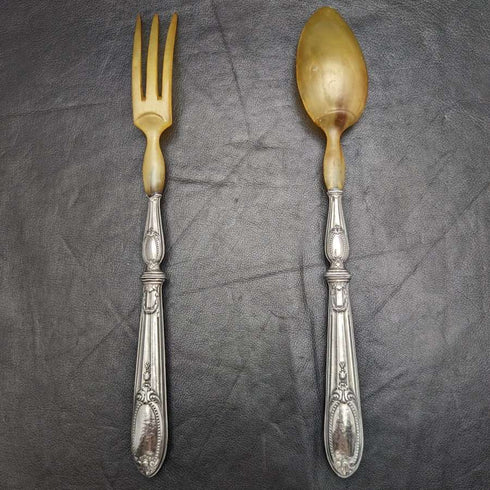 French Antique Pure Silver Handle Salad Server Set