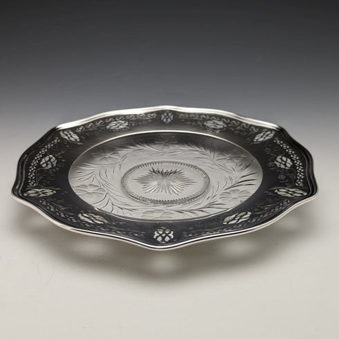 米国ヴィンテージ 純銀リム装飾 カットガラスプレート 直径19cm