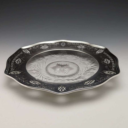US vintage sterling silver rim decorated cut glass plate diameter 19cm