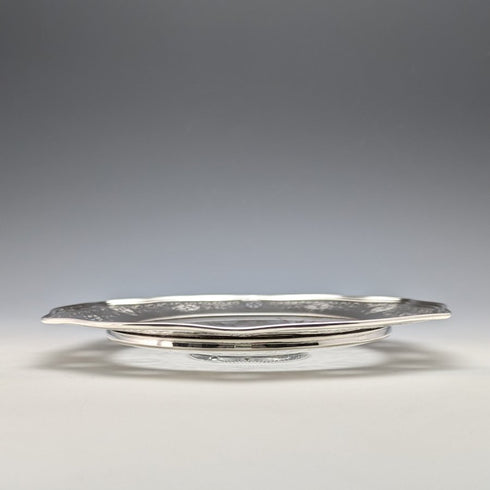 米国ヴィンテージ 純銀リム装飾 カットガラスプレート 直径19cm