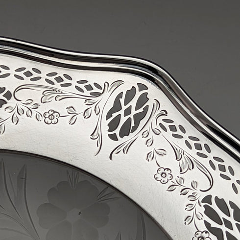 米国ヴィンテージ 純銀リム装飾 カットガラスプレート 直径19cm