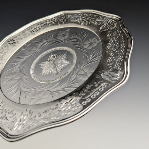 米国ヴィンテージ 純銀リム装飾 カットガラスプレート 直径19cm