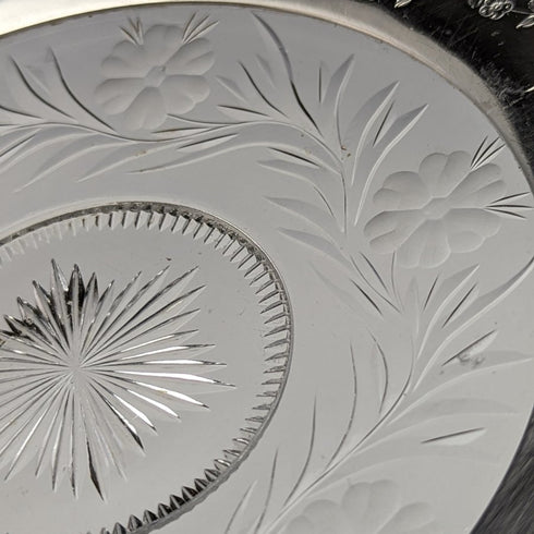 米国ヴィンテージ 純銀リム装飾 カットガラスプレート 直径19cm
