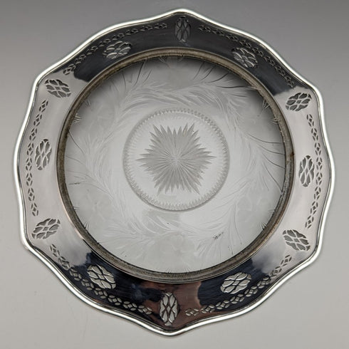 米国ヴィンテージ 純銀リム装飾 カットガラスプレート 直径19cm