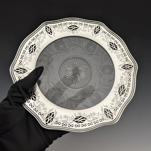 米国ヴィンテージ 純銀リム装飾 カットガラスプレート 直径19cm