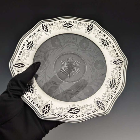US vintage sterling silver rim decorated cut glass plate diameter 19cm