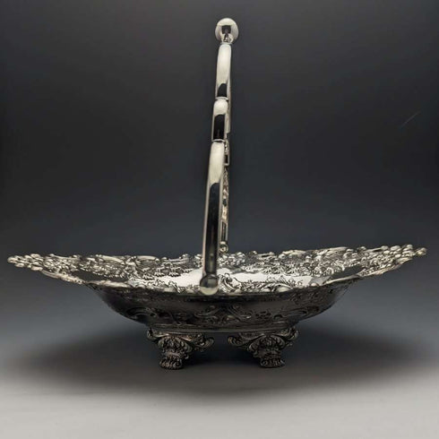 British Antique Silver Plate Large Basket Flower Engraving Operating Handle 548g