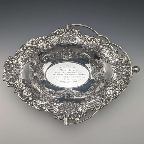 British Antique Silver Plate Large Basket Flower Engraving Operating Handle 548g