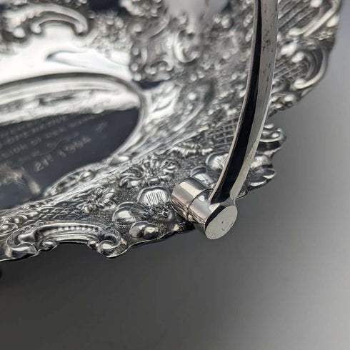 British Antique Silver Plate Large Basket Flower Engraving Operating Handle 548g