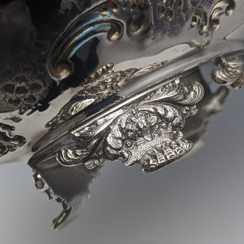 英国アンティーク シルバープレート製 大型バスケット 花彫刻 稼働ハンドル 548g