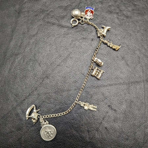 Pulsera de dijes de plata esterlina vintage británica, 19 g