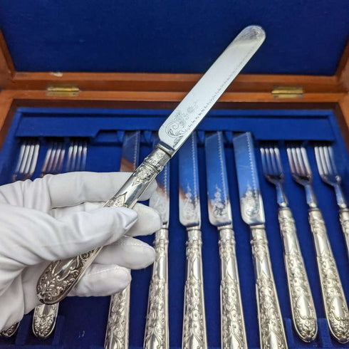 1868 年英國古董銀盤餐具套裝 6x2 桃花心木盒裝