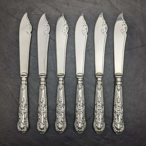 1936 British vintage sterling silver handle cutlery 6x2 & server set in wooden box