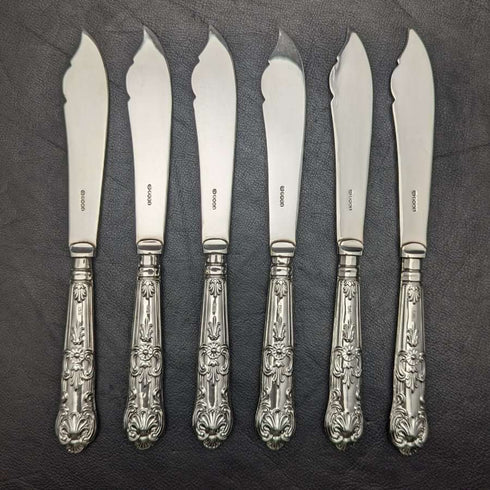 1936 British vintage sterling silver handle cutlery 6x2 & server set in wooden box