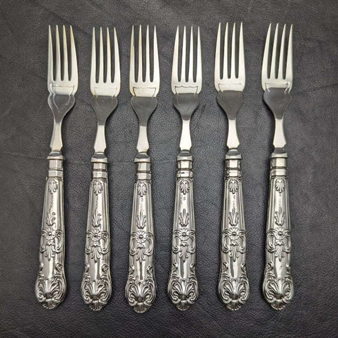 1936 British vintage sterling silver handle cutlery 6x2 & server set in wooden box