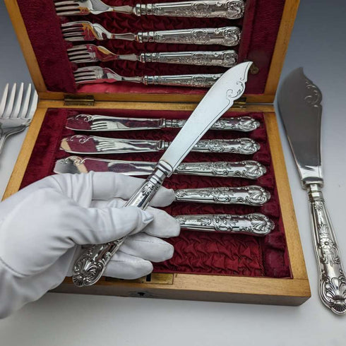 1936 British vintage sterling silver handle cutlery 6x2 & server set in wooden box