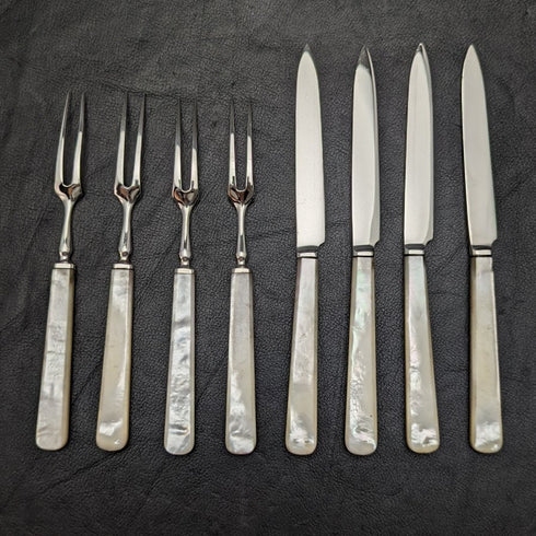 1925 年英國復古白珍珠貝殼手柄純銀刀片甜點餐具 4x2 套裝