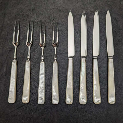 1925 British Vintage White Pearl Shell Handle Sterling Silver Blade Dessert Cutlery 4x2 Set