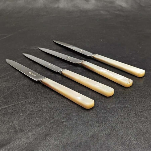 1925 British Vintage White Pearl Shell Handle Sterling Silver Blade Dessert Cutlery 4x2 Set