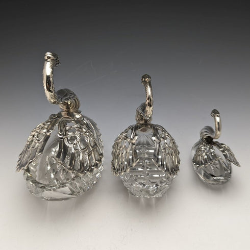 1972 年英國復古天鵝形狀純銀和切割玻璃配件盒大號中號小號 3 件套