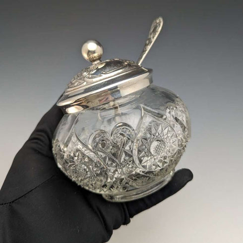 British antique cut glass jam pot silver plate lid & spoon