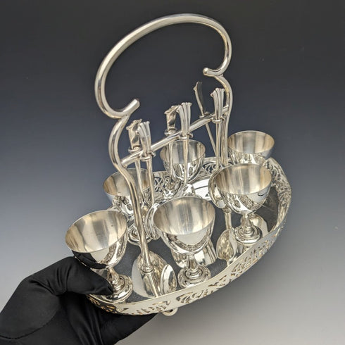 British antique silver plated egg stand set of 6 with rack