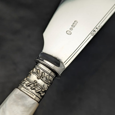 英国ヴィンテージ 白蝶貝ハンドル シルバープレート製 フィッシュサーバーセット ケース入