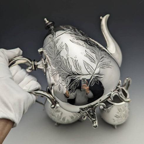 English vintage plate pewter 3-piece teapot set