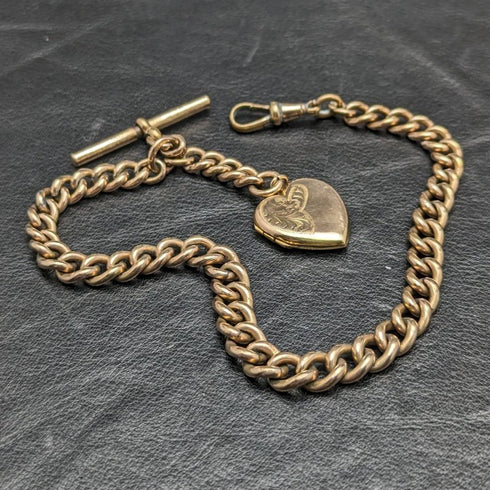 British Antique Rolled Gold Albert Chain 9ct Gold Heart Locket Fob