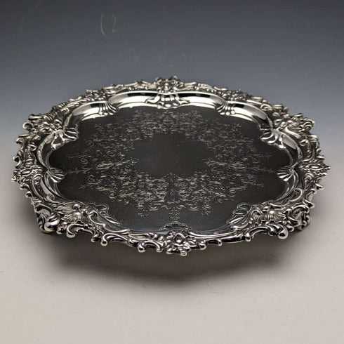 1899年 英国アンティーク 純銀製サルヴァ カードトレイ 直径21.5cm 400g Barker Bros