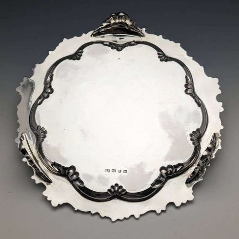1899年 英国アンティーク 純銀製サルヴァ カードトレイ 直径21.5cm 400g Barker Bros