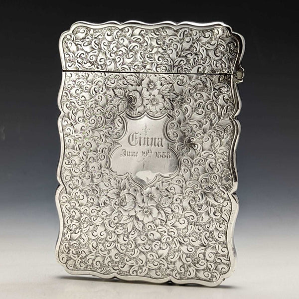 1884年 英国アンティーク 純銀(925シルバー)フローラル彫刻 カードケース 68g George Unite
