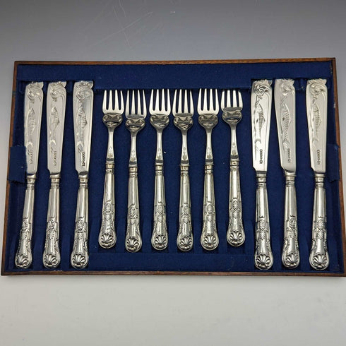 1860年頃 英国アンティーク 純銀製ハンドル フィッシュカトラリーセット 6x2 トレー入