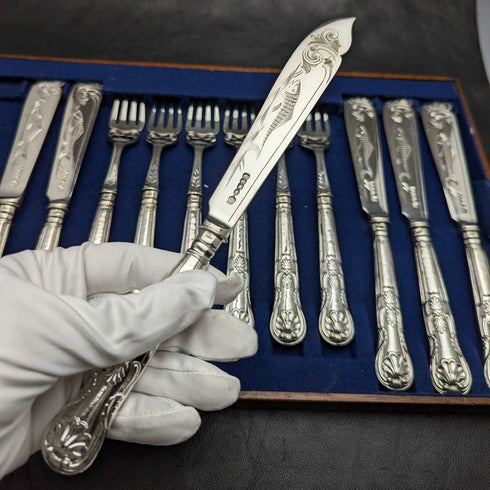 1860年頃 英国アンティーク 純銀製ハンドル フィッシュカトラリーセット 6x2 トレー入