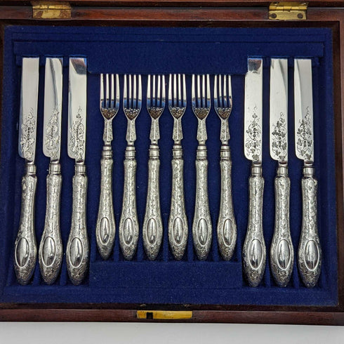 1858年 英国アンティーク 純銀ブレード カトラリーセット6x2 マホガニーケース入