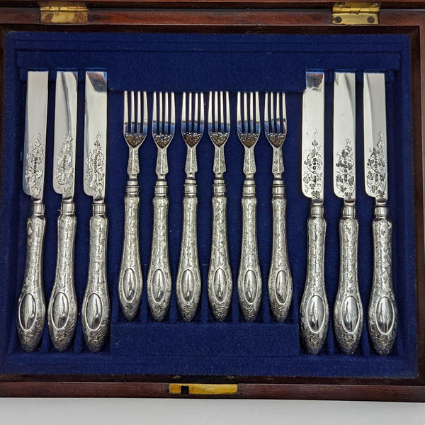 1858年 英国アンティーク 純銀ブレード カトラリーセット6x2 マホガニーケース入