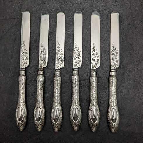 1858年 英国アンティーク 純銀ブレード カトラリーセット6x2 マホガニーケース入