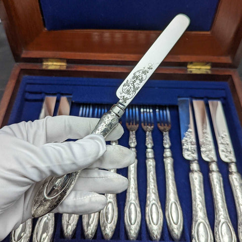 1858年 英国アンティーク 純銀ブレード カトラリーセット6x2 マホガニーケース入