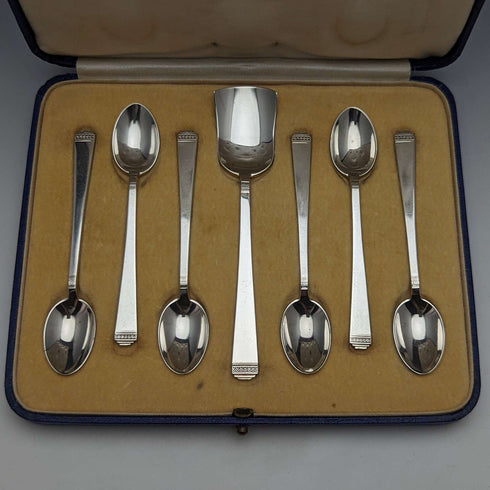 Set de 6 cucharillas de té y pala para azúcar de plata de ley (925) vintage británica de 1937, en estuche, Mappin & Webb
