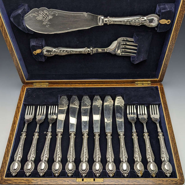 1929 British Vintage Pure Silver (925 Silver) Handle Fish Cutlery 6x2 & Server Set CH Beatson Wooden Boxed