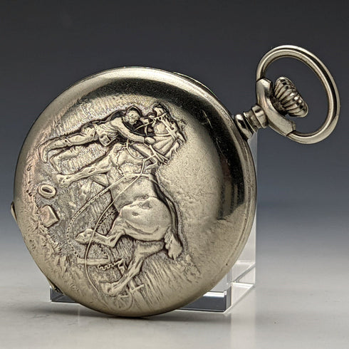 antique good operation Swiss made EHRoundly horse sculpture hunter case mechanical pocket watch